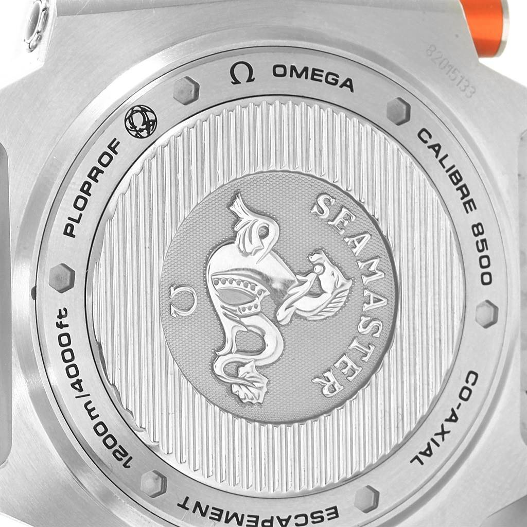The image shows the case back of an Omega Seamaster Ploprof watch, highlighting the branding and specifications.
