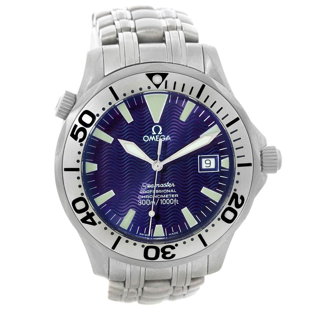 The image shows the front view of an Omega Seamaster 2231.80.00 Men's Titanium Blue Dial 2231.80.00 Men's Titanium Blue Dial watch, highlighting its dial, bezel, and bracelet.