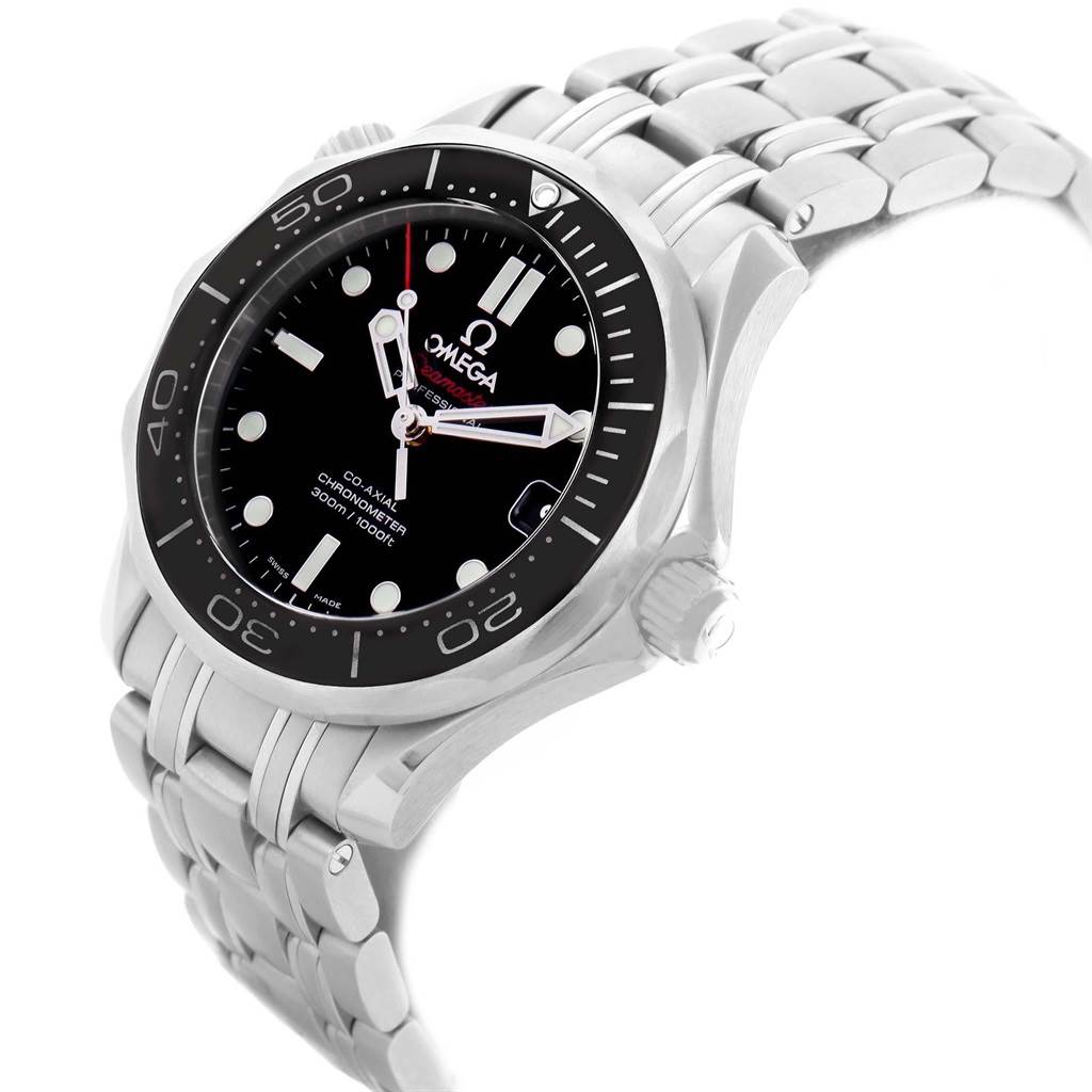 The watch, an Omega Seamaster 212.30.36.20.01.002 Men
s Stainless Steel Black Dial 212.30.36.20.01.002 Men
s Stainless Steel Black Dial model, is shown at a three-quarter angle highlighting its face, bezel, crown, and bracelet.