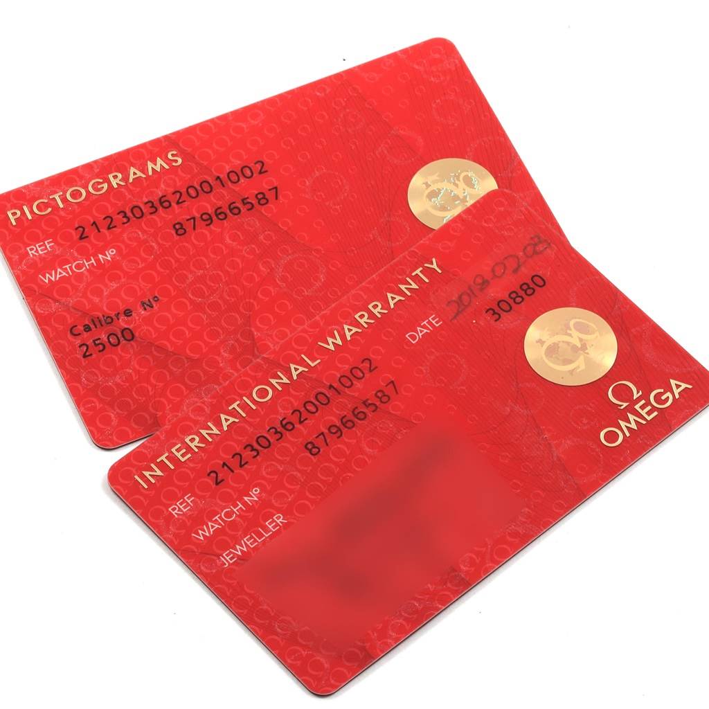 The image shows the Pictograms and International Warranty cards for the Omega Seamaster 212.30.36.20.01.002 Men
s Stainless Steel Black Dial 212.30.36.20.01.002 Men
s Stainless Steel Black Dial watch.