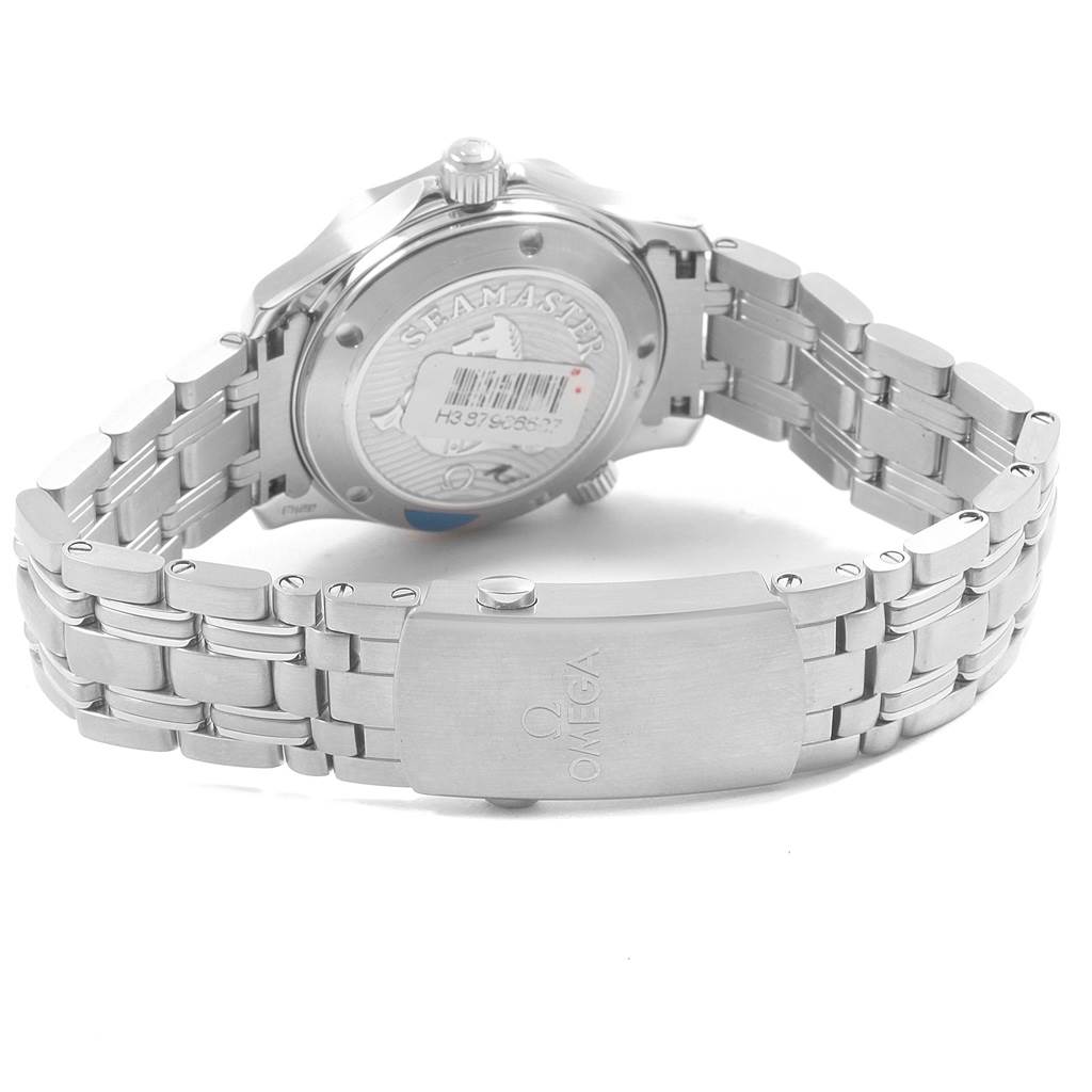 This image shows the back side and bracelet clasp of an Omega Seamaster 212.30.36.20.01.002 Men
s Stainless Steel Black Dial 212.30.36.20.01.002 Men
s Stainless Steel Black Dial watch, revealing the branding and some case details.