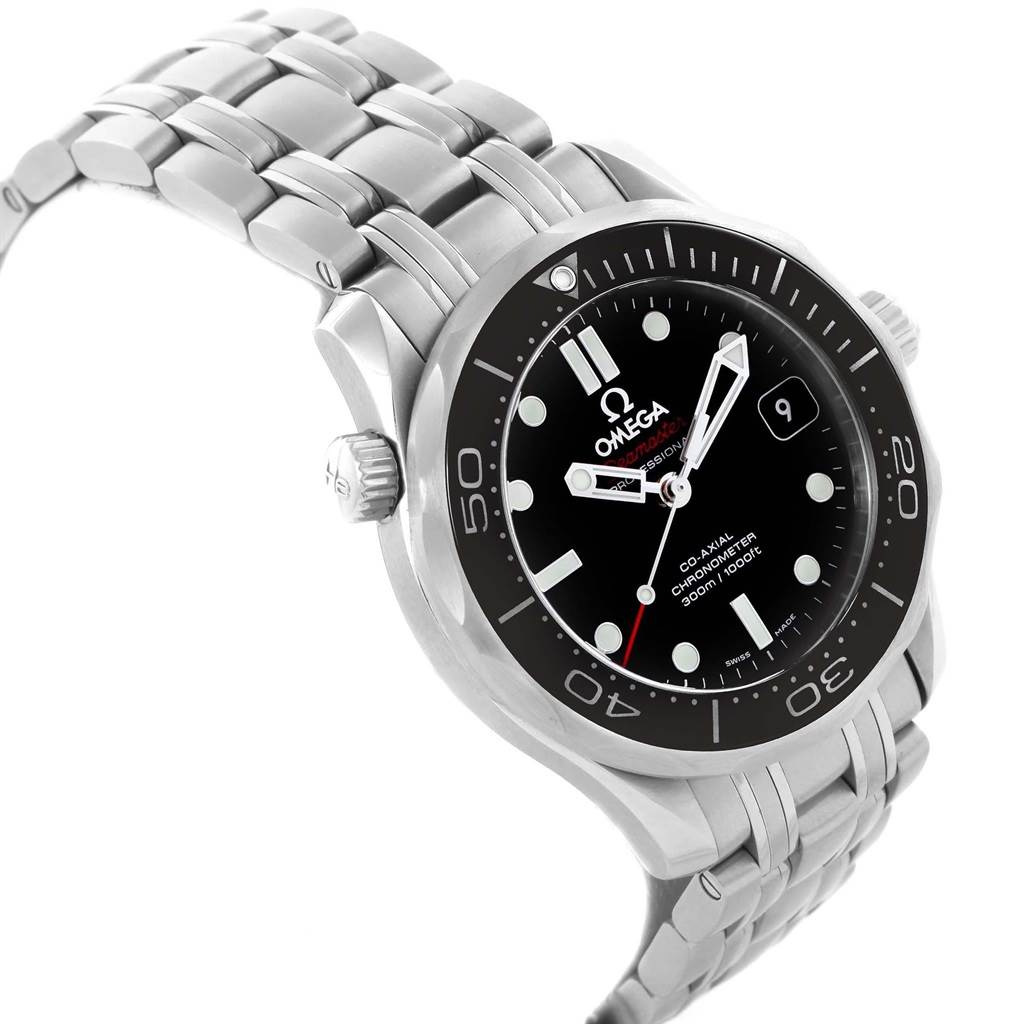 The image shows an angled view of the Omega Seamaster 212.30.36.20.01.002 Men
s Stainless Steel Black Dial 212.30.36.20.01.002 Men
s Stainless Steel Black Dial watch, highlighting its dial, bezel, crown, and part of the bracelet.