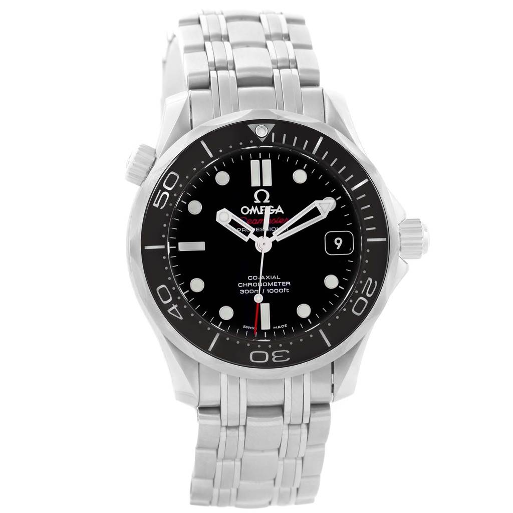 This image shows a front view of an Omega Seamaster 212.30.36.20.01.002 Men
s Stainless Steel Black Dial 212.30.36.20.01.002 Men
s Stainless Steel Black Dial watch, highlighting the dial, bezel, and metal bracelet.