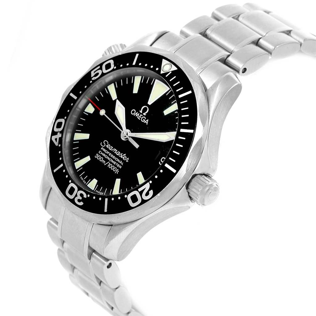 An angled view of the Omega Seamaster 2252.50.00 Men
s Stainless Steel Black Dial 2252.50.00 Men
s Stainless Steel Black Dial watch showing the dial, bezel, crown, and part of the bracelet.