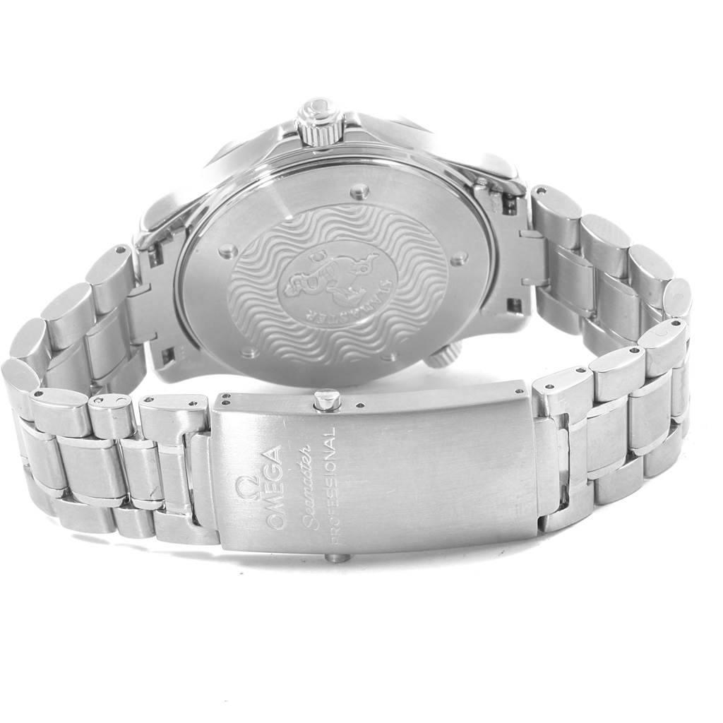 The image shows the back case and metal bracelet of an Omega Seamaster 2255.80.00 Men
s Stainless Steel Blue Dial 2255.80.00 Men
s Stainless Steel Blue Dial watch, highlighting the clasp and engraved case back.