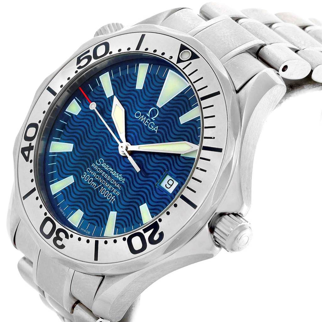 The image shows an angled view of the Omega Seamaster 2255.80.00 Men
s Stainless Steel Blue Dial 2255.80.00 Men
s Stainless Steel Blue Dial watch, highlighting its face, bezel, crown, and part of the bracelet.