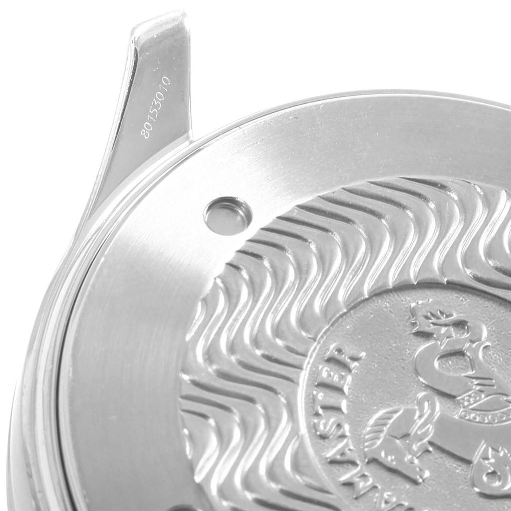 This image shows a close-up of the case back of the Omega Seamaster 2255.80.00 Men
s Stainless Steel Blue Dial 2255.80.00 Men
s Stainless Steel Blue Dial watch, highlighting its engraved design and serial number.