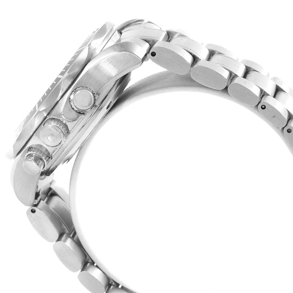 This image shows a side view of the Omega Seamaster 2594.52.00 Men
s Stainless Steel Black Dial 2594.52.00 Men
s Stainless Steel Black Dial watch, highlighting the crown, pushers, and metal bracelet.