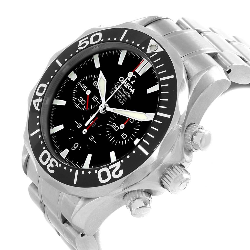 The image shows an Omega Seamaster 2594.52.00 Men
s Stainless Steel Black Dial 2594.52.00 Men
s Stainless Steel Black Dial watch at a three-quarter angle, highlighting the bezel, dial, and side buttons.