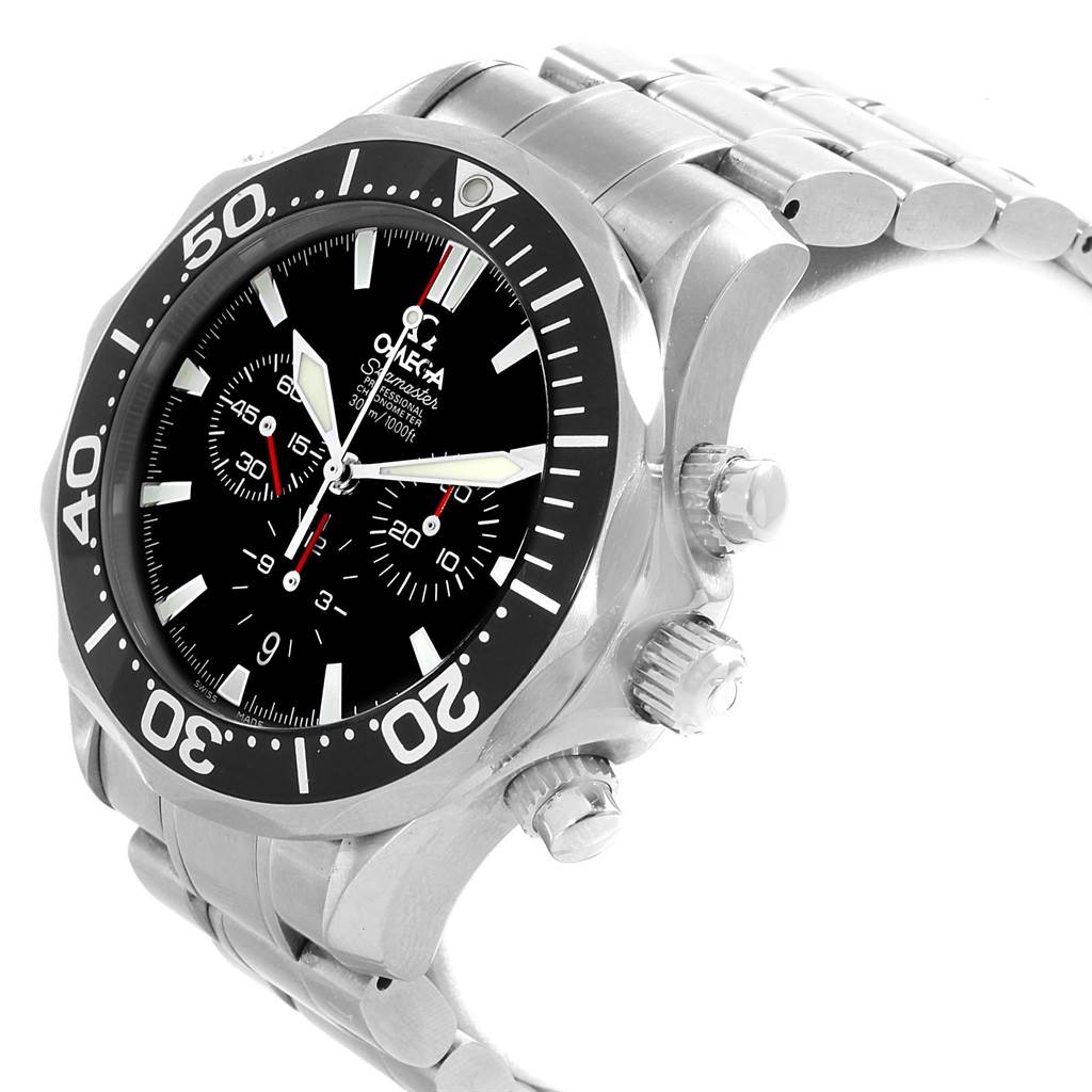 The watch is an Omega Seamaster 2594.52.00 Men
s Stainless Steel Black Dial 2594.52.00 Men
s Stainless Steel Black Dial seen from a left angle, showing the face, bezel, crown, and stainless steel bracelet.