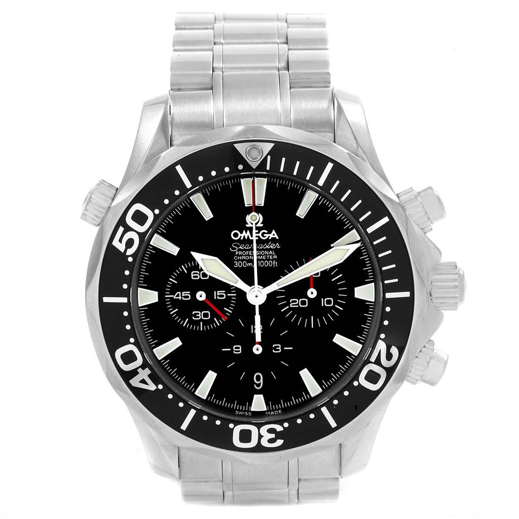 The image shows a front view of an Omega Seamaster 2594.52.00 Men
s Stainless Steel Black Dial 2594.52.00 Men
s Stainless Steel Black Dial watch, highlighting the dial, bezel, crown, pushers, and stainless steel bracelet.