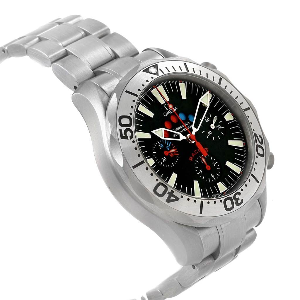 The Omega Seamaster 2269.52.00 Men's Titanium Black Dial 2269.52.00 Men's Titanium Black Dial watch is shown at a 45-degree angle, highlighting the bezel, dial, and stainless steel bracelet.