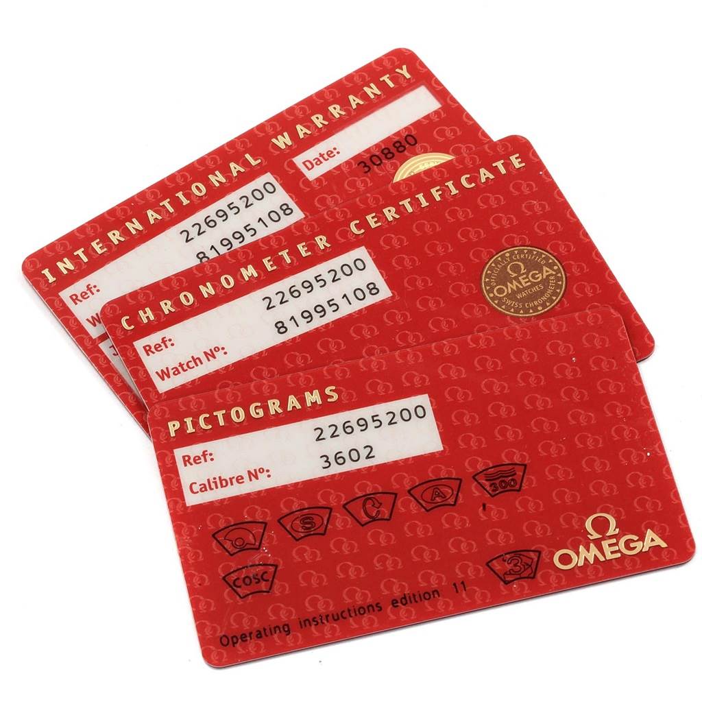 The image shows three red Omega Seamaster 2269.52.00 Men's Titanium Black Dial 2269.52.00 Men's Titanium Black Dial cards: International Warranty, Chronometer Certificate, and Pictograms.