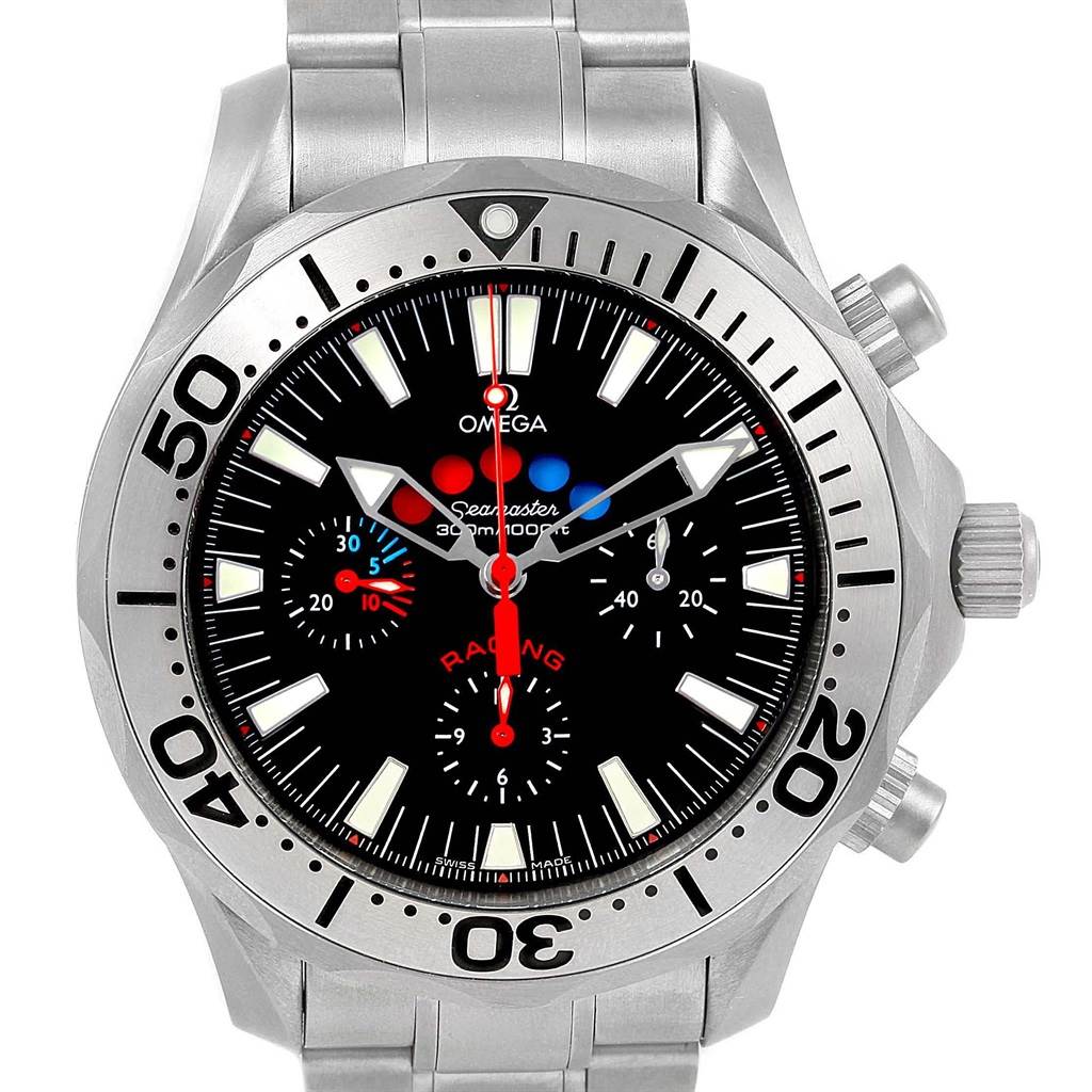 The Omega Seamaster 2269.52.00 Men's Titanium Black Dial 2269.52.00 Men's Titanium Black Dial watch is shown from a frontal angle, highlighting its bezel, dial, and chronograph sub-dials.