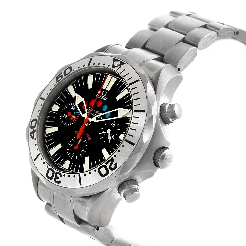 The image shows an Omega Seamaster 2269.52.00 Men's Titanium Black Dial 2269.52.00 Men's Titanium Black Dial model from a slight side angle, displaying the face, bezel, crown, pushers, and bracelet.