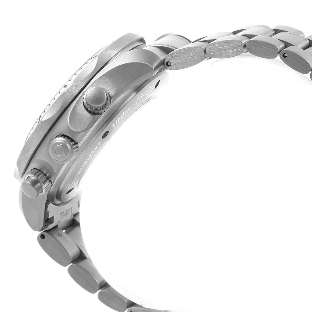 Side view of an Omega Seamaster 2269.52.00 Men's Titanium Black Dial 2269.52.00 Men's Titanium Black Dial watch, showing the case, crown, pushers, and part of the metal bracelet.