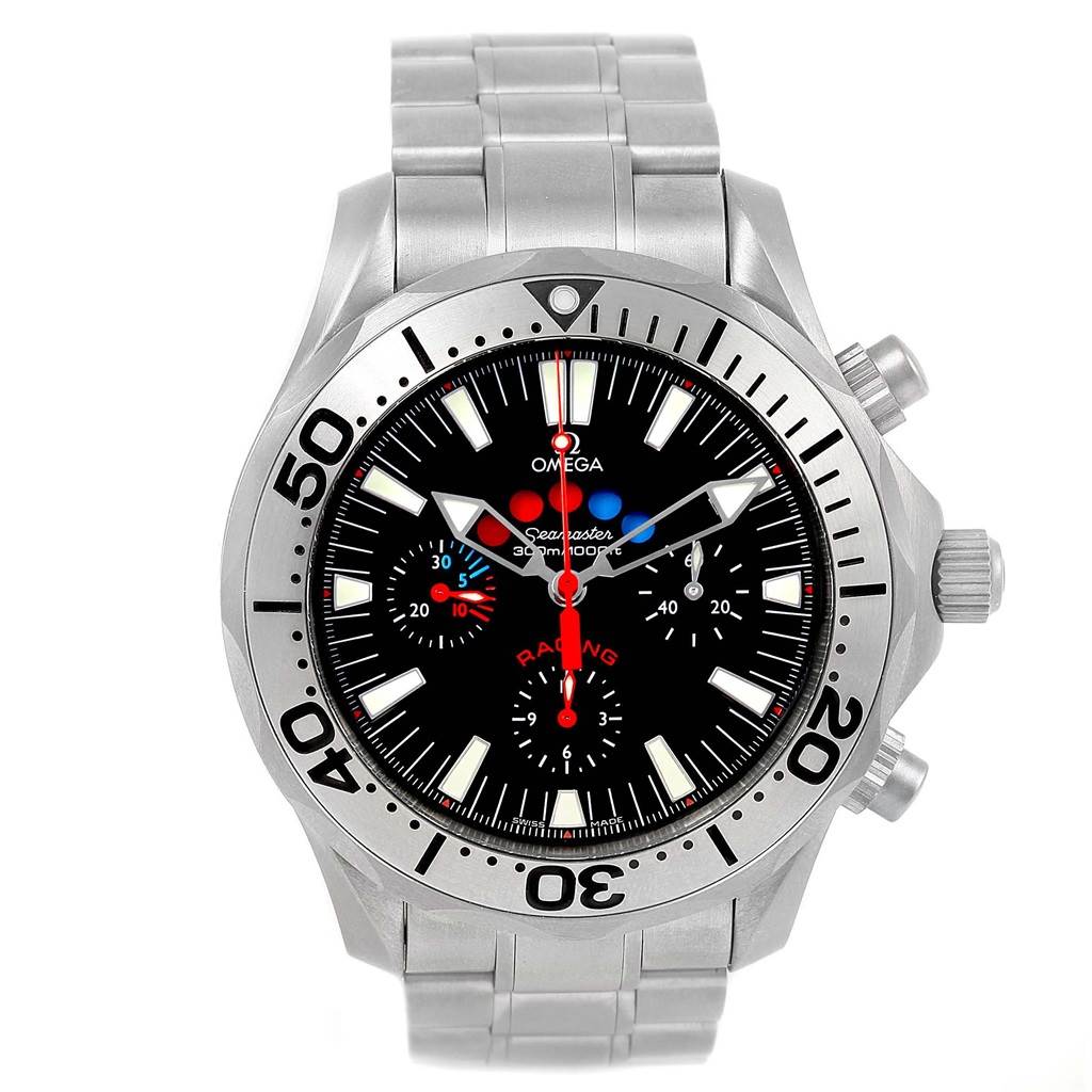 The Omega Seamaster 2269.52.00 Men's Titanium Black Dial 2269.52.00 Men's Titanium Black Dial watch is shown from a front angle, displaying the full face, bezel, and stainless steel bracelet.