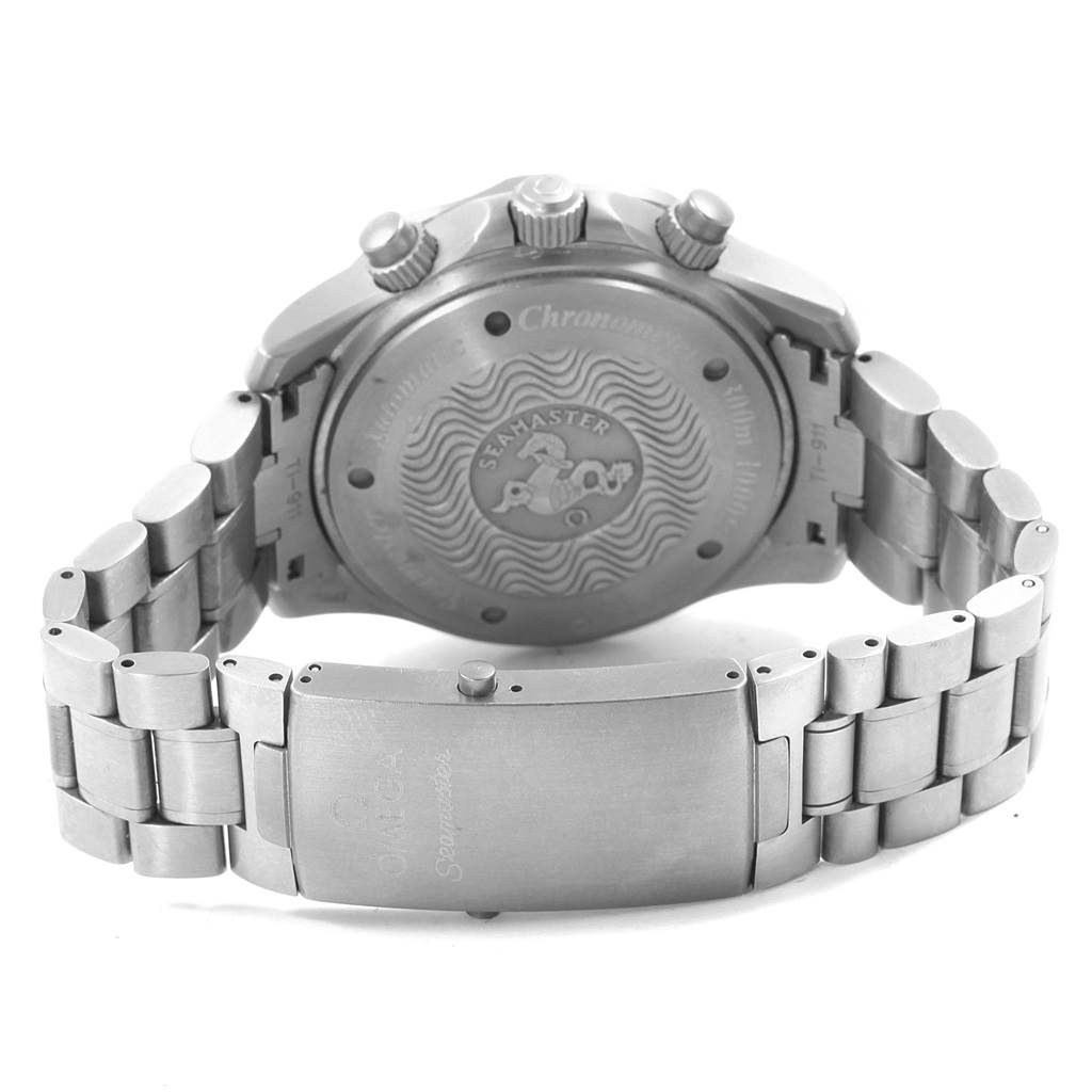 The image shows the back view of the Omega Seamaster 2269.52.00 Men's Titanium Black Dial 2269.52.00 Men's Titanium Black Dial watch, highlighting its case back, crown, pushers, and bracelet clasp.