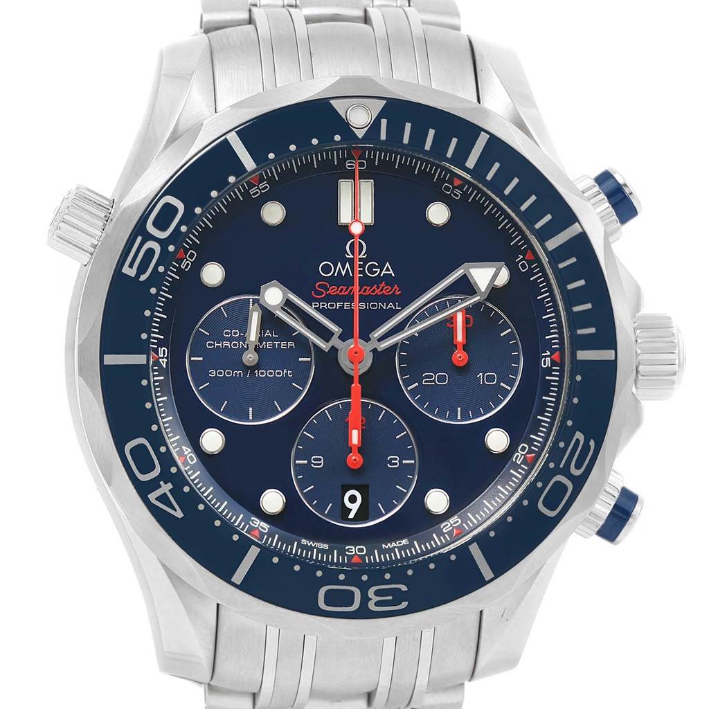 This image shows a front view of an Omega Seamaster 212.30.44.50.03.001 Men
s Stainless Steel Blue Dial 212.30.44.50.03.001 Men
s Stainless Steel Blue Dial watch with a blue dial and multiple sub-dials.