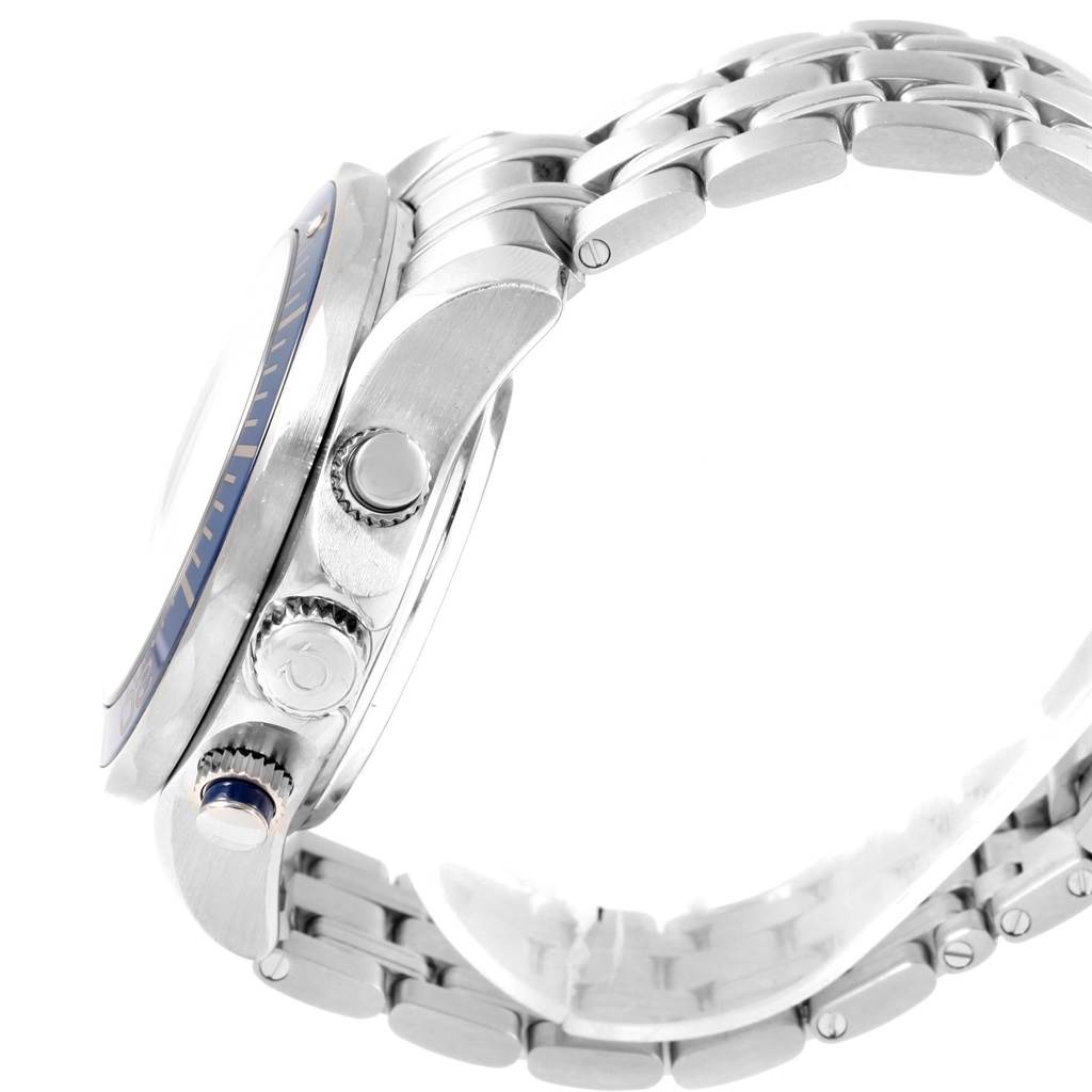 The image shows the side profile of an Omega Seamaster 212.30.44.50.03.001 Men
s Stainless Steel Blue Dial 212.30.44.50.03.001 Men
s Stainless Steel Blue Dial watch, highlighting the crown, pushers, bezel, and part of the bracelet.