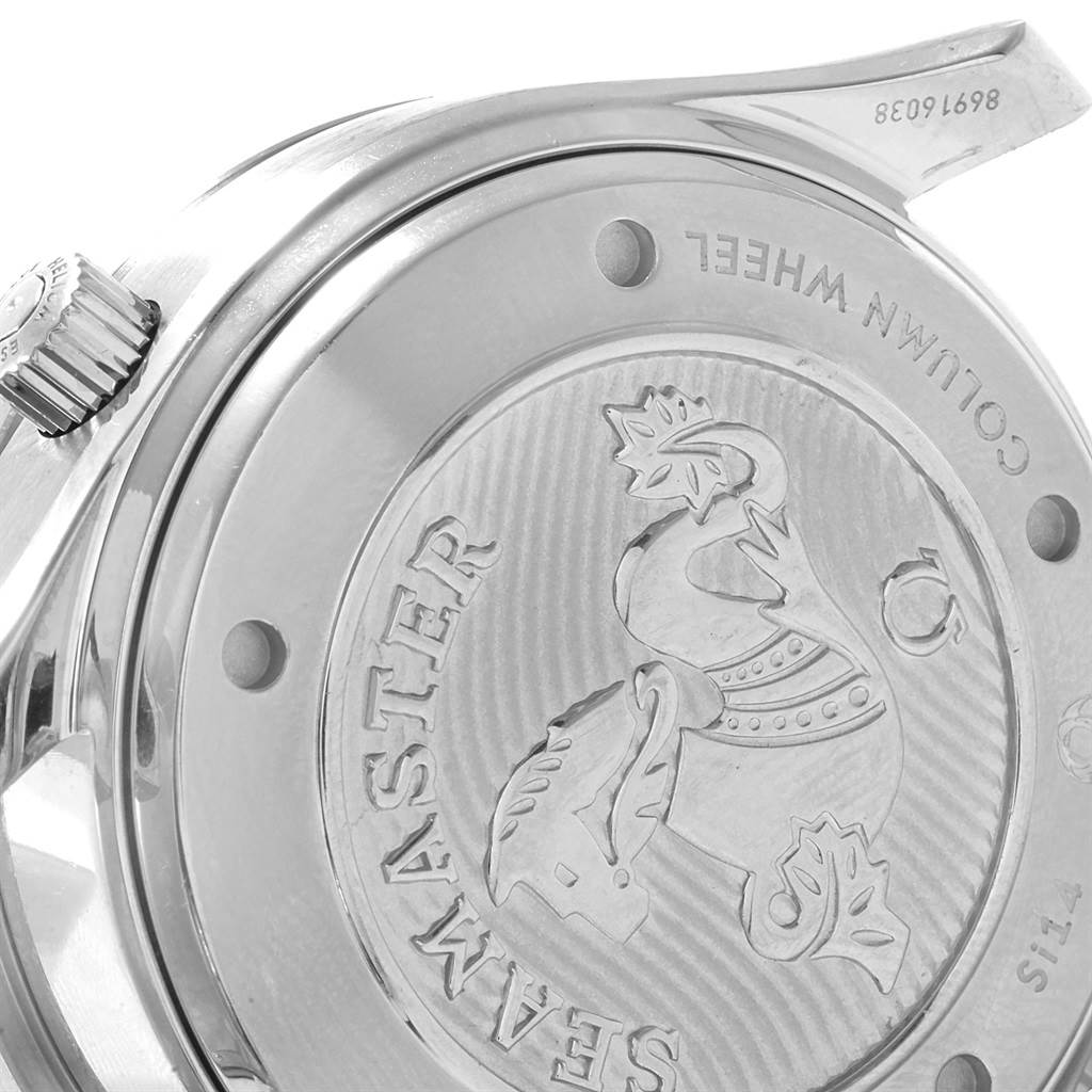 The image shows the back case and crown of an Omega Seamaster 212.30.44.50.03.001 Men
s Stainless Steel Blue Dial 212.30.44.50.03.001 Men
s Stainless Steel Blue Dial watch at a slight angle.