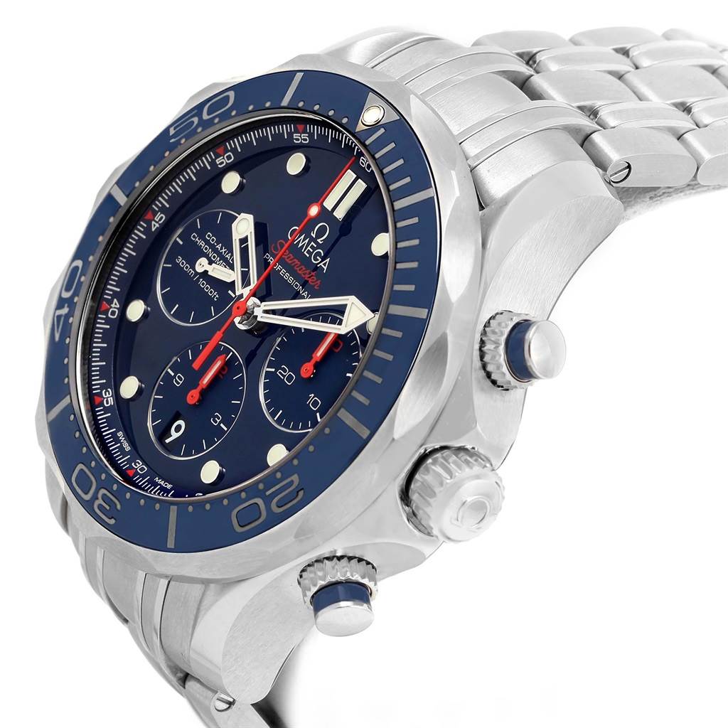 The Omega Seamaster 212.30.44.50.03.001 Men
s Stainless Steel Blue Dial 212.30.44.50.03.001 Men
s Stainless Steel Blue Dial watch is shown at a three-quarter angle, highlighting the bezel, crown, push buttons, and part of the bracelet.