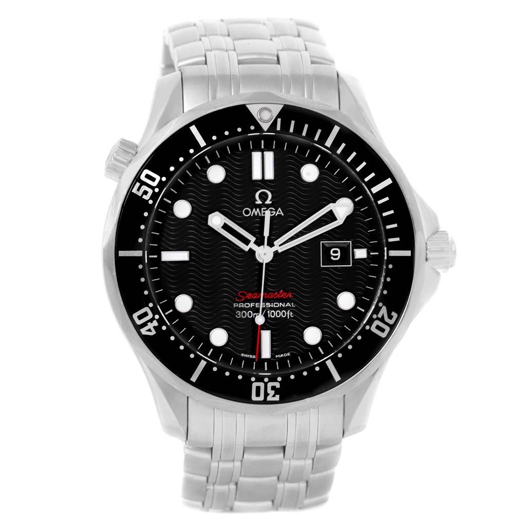 The image shows a front view of the Omega Seamaster 212.30.41.61.01.001 Men
s Stainless Steel Black Dial 212.30.41.61.01.001 Men
s Stainless Steel Black Dial watch, displaying the dial, bezel, hands, and bracelet.