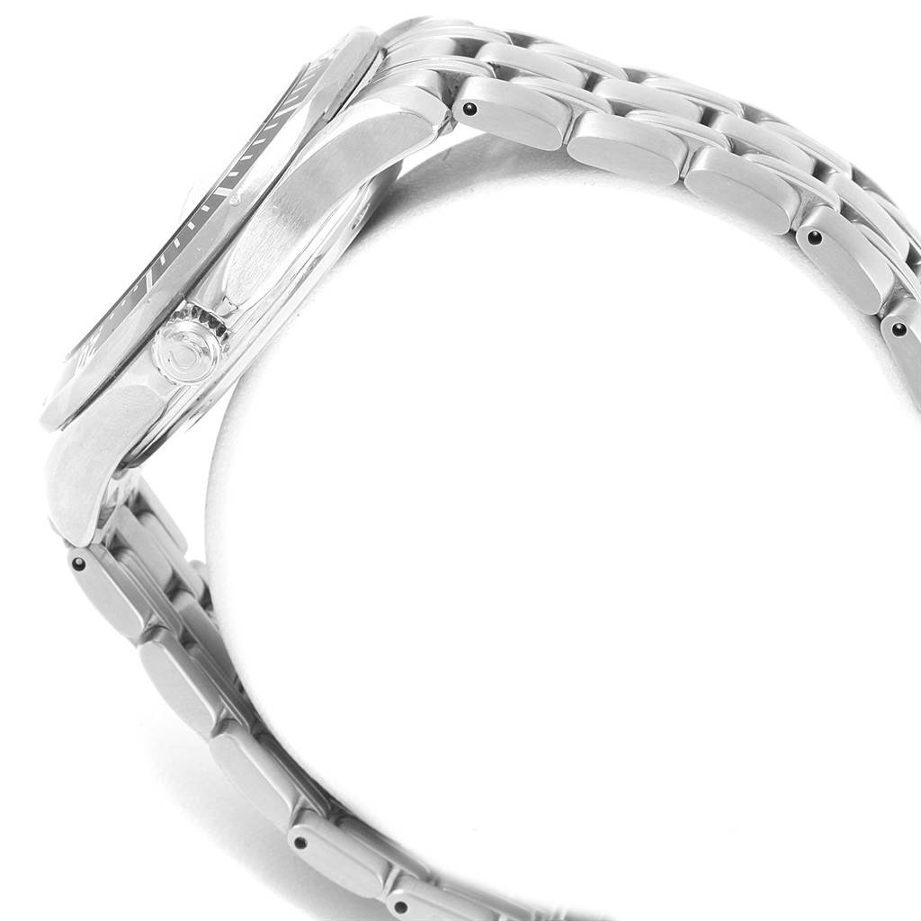 The image shows a side view of the Omega Seamaster 212.30.41.61.01.001 Men
s Stainless Steel Black Dial 212.30.41.61.01.001 Men
s Stainless Steel Black Dial watch focusing on its case, bezel, crown, and stainless steel bracelet.