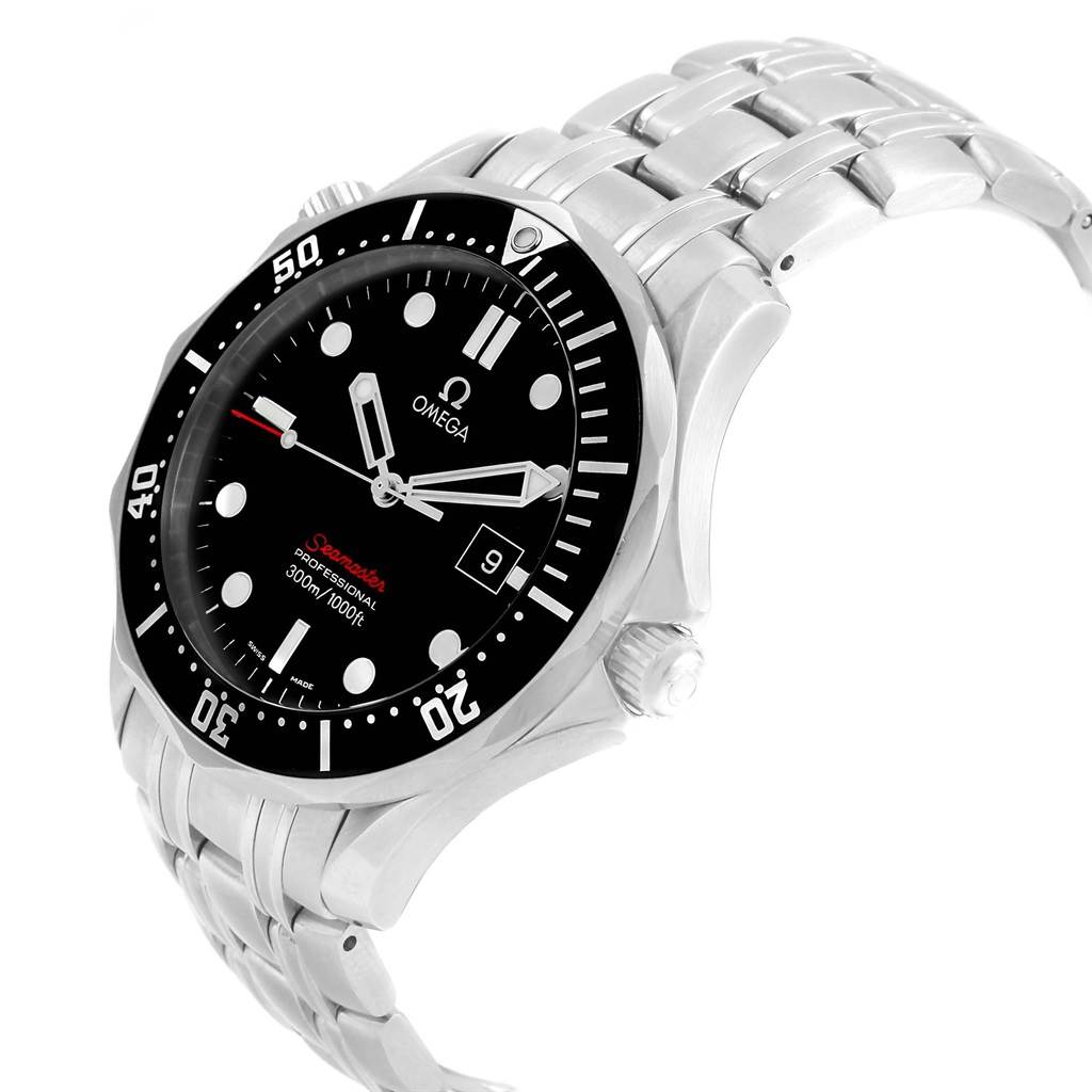 The image shows an Omega Seamaster 212.30.41.61.01.001 Men
s Stainless Steel Black Dial 212.30.41.61.01.001 Men
s Stainless Steel Black Dial watch from a side angle, highlighting the face, bezel, and bracelet.