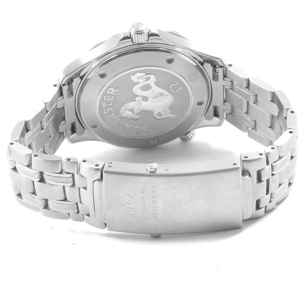 The Omega Seamaster 212.30.41.61.01.001 Men
s Stainless Steel Black Dial 212.30.41.61.01.001 Men
s Stainless Steel Black Dial watch is shown from the back, featuring its engraved case back and metallic bracelet with a clasp.