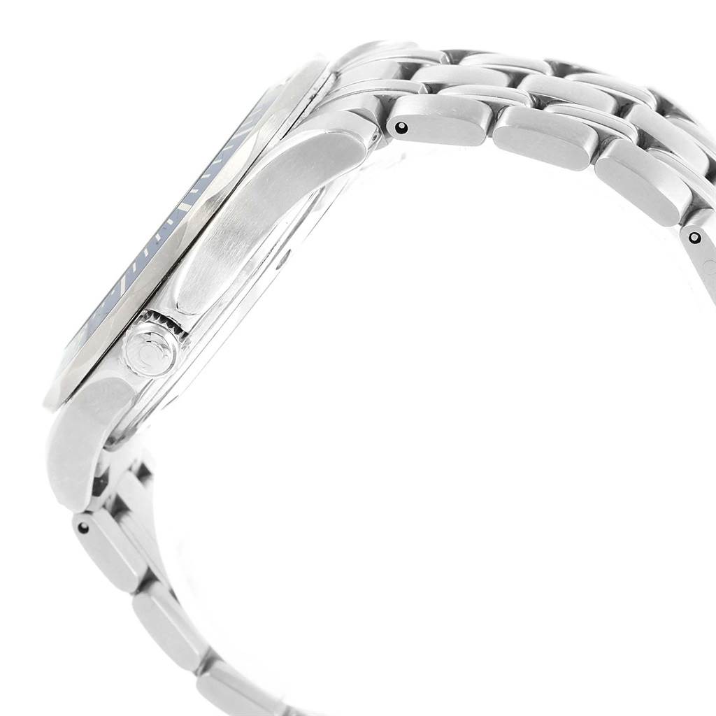 The image shows a side view of the Omega Seamaster 2222.80.00 Men
s Stainless Steel Blue Dial 2222.80.00 Men
s Stainless Steel Blue Dial watch, highlighting the case, crown, and part of the metal bracelet.