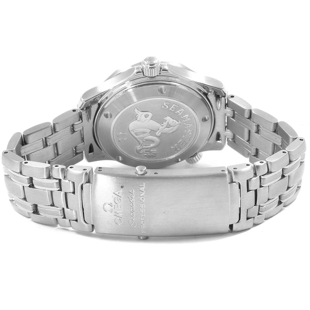 The image shows the back of an Omega Seamaster 2222.80.00 Men
s Stainless Steel Blue Dial 2222.80.00 Men
s Stainless Steel Blue Dial watch, including its case back and metal bracelet with clasp.