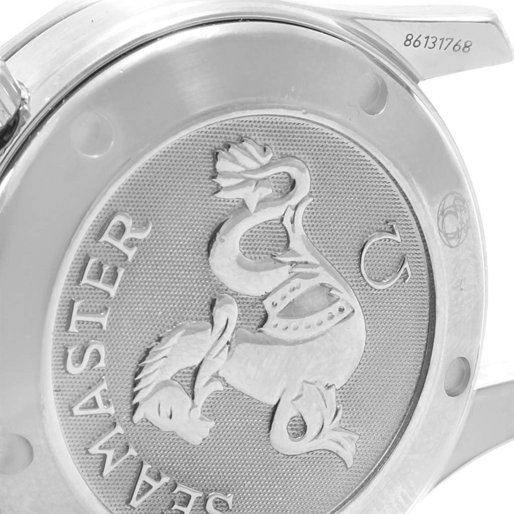 The image shows a close-up of the case back for an Omega Seamaster 2222.80.00 Men
s Stainless Steel Blue Dial 2222.80.00 Men
s Stainless Steel Blue Dial watch, featuring the signature seahorse engraving and model details.