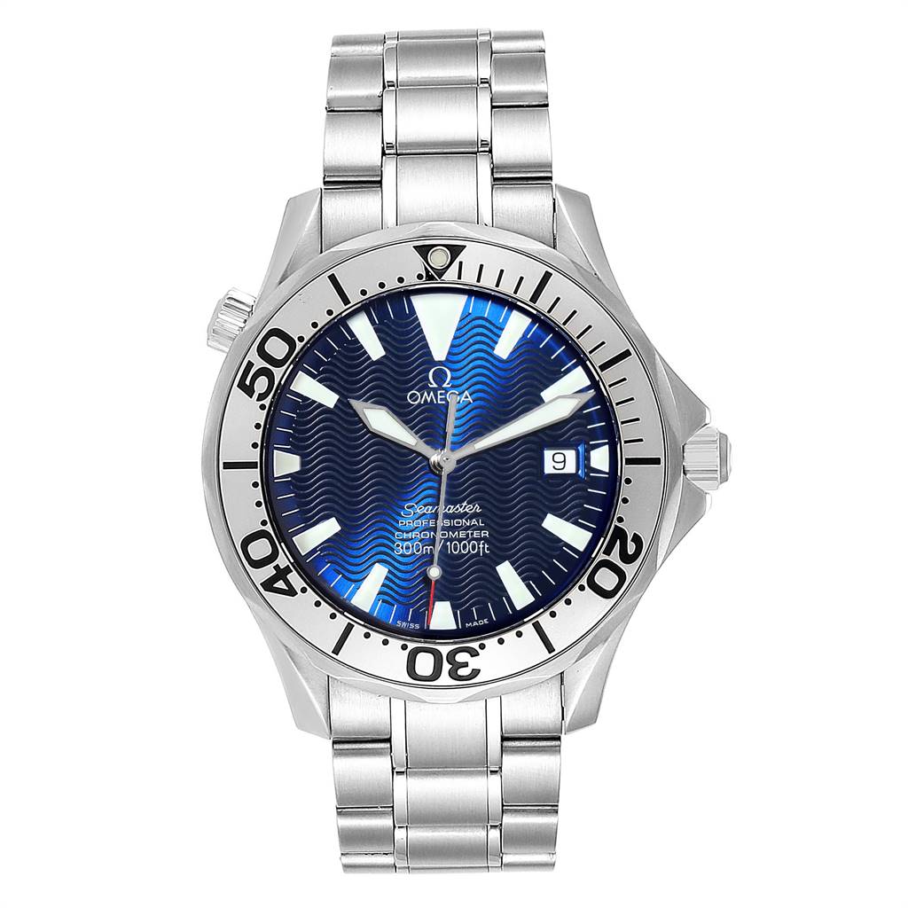 The image shows the front view of an Omega Seamaster 2255.80.00 Men
s Stainless Steel Blue Dial 2255.80.00 Men
s Stainless Steel Blue Dial watch, displaying the dial, bezel, crown, and bracelet.