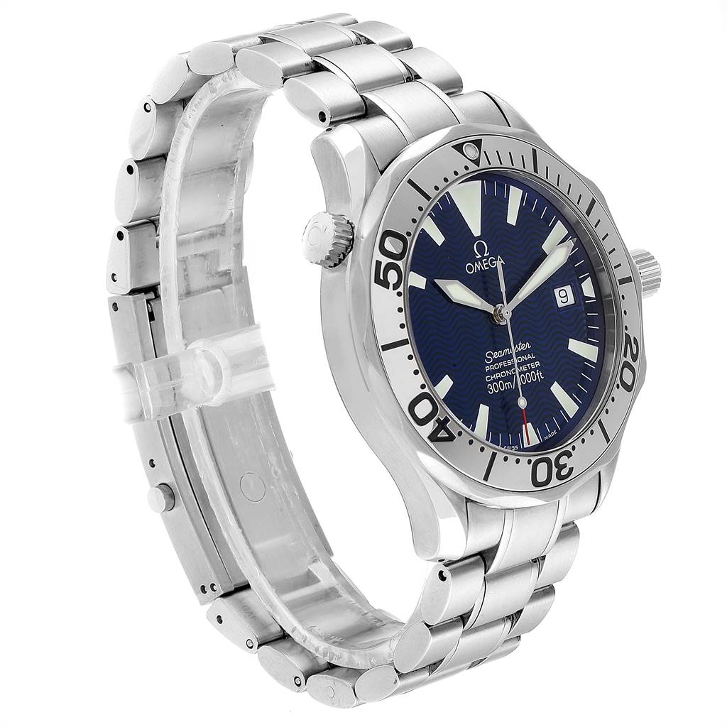 The image shows an angled side view of the Omega Seamaster 2255.80.00 Men
s Stainless Steel Blue Dial 2255.80.00 Men
s Stainless Steel Blue Dial watch, highlighting the bracelet, dial, bezel, and crown.
