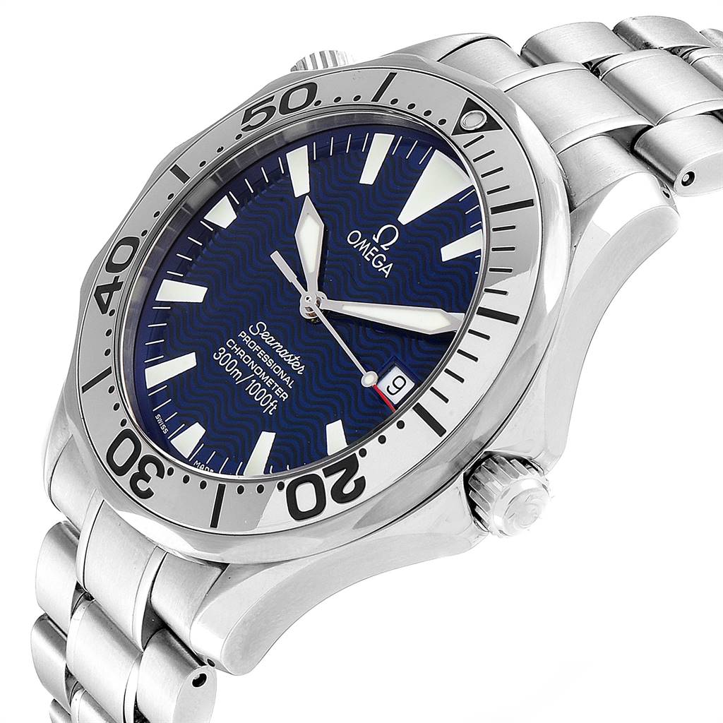 The image shows a side-angle view of the Omega Seamaster 2255.80.00 Men
s Stainless Steel Blue Dial 2255.80.00 Men
s Stainless Steel Blue Dial watch, highlighting the dial, bezel, crown, and part of the bracelet.