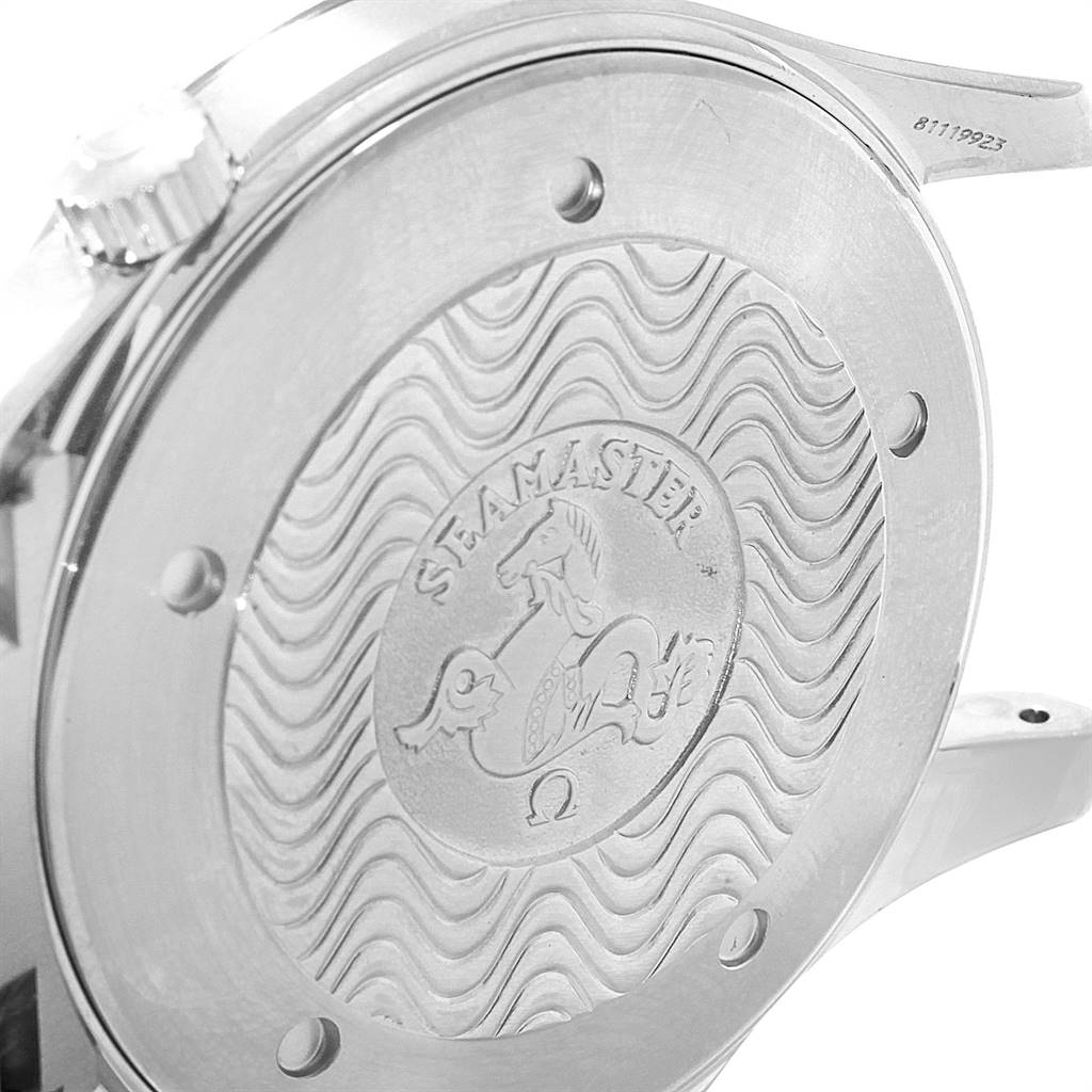 This image shows the back casing of an Omega Seamaster 2255.80.00 Men
s Stainless Steel Blue Dial 2255.80.00 Men
s Stainless Steel Blue Dial watch, displaying its detailed engraving and the crown.