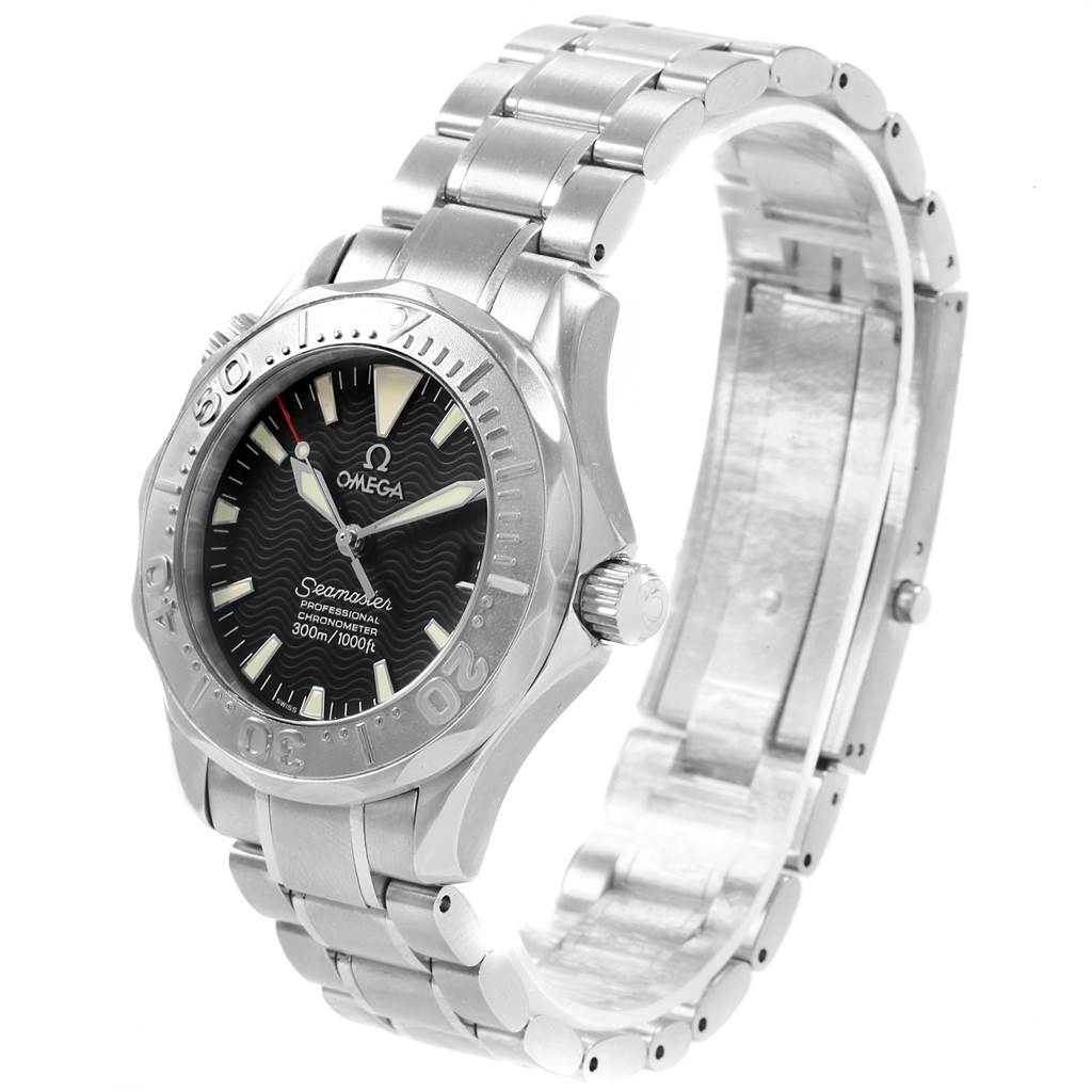 The image shows an Omega Seamaster 2236.50.00 Women's Stainless Steel Black Dial 2236.50.00 Women's Stainless Steel Black Dial watch at a three-quarter angle, highlighting its face, bezel, crown, and metal bracelet.
