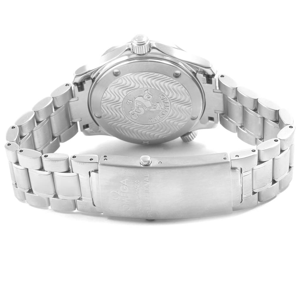 The image shows the Omega Seamaster 2236.50.00 Women's Stainless Steel Black Dial 2236.50.00 Women's Stainless Steel Black Dial watch from the rear, displaying the case back and the stainless steel bracelet clasp.