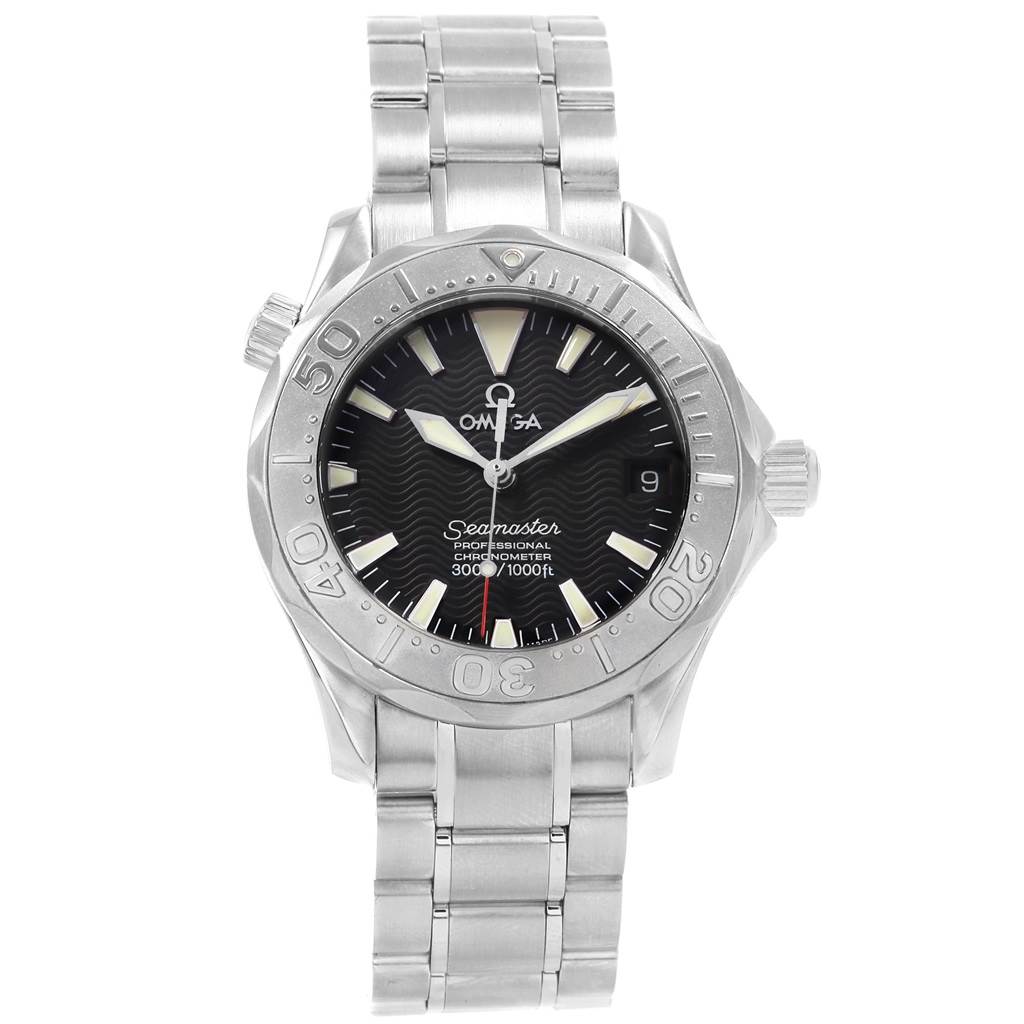 The image shows a front view of an Omega Seamaster 2236.50.00 Women's Stainless Steel Black Dial 2236.50.00 Women's Stainless Steel Black Dial watch, displaying its face, bezel, and metal bracelet.