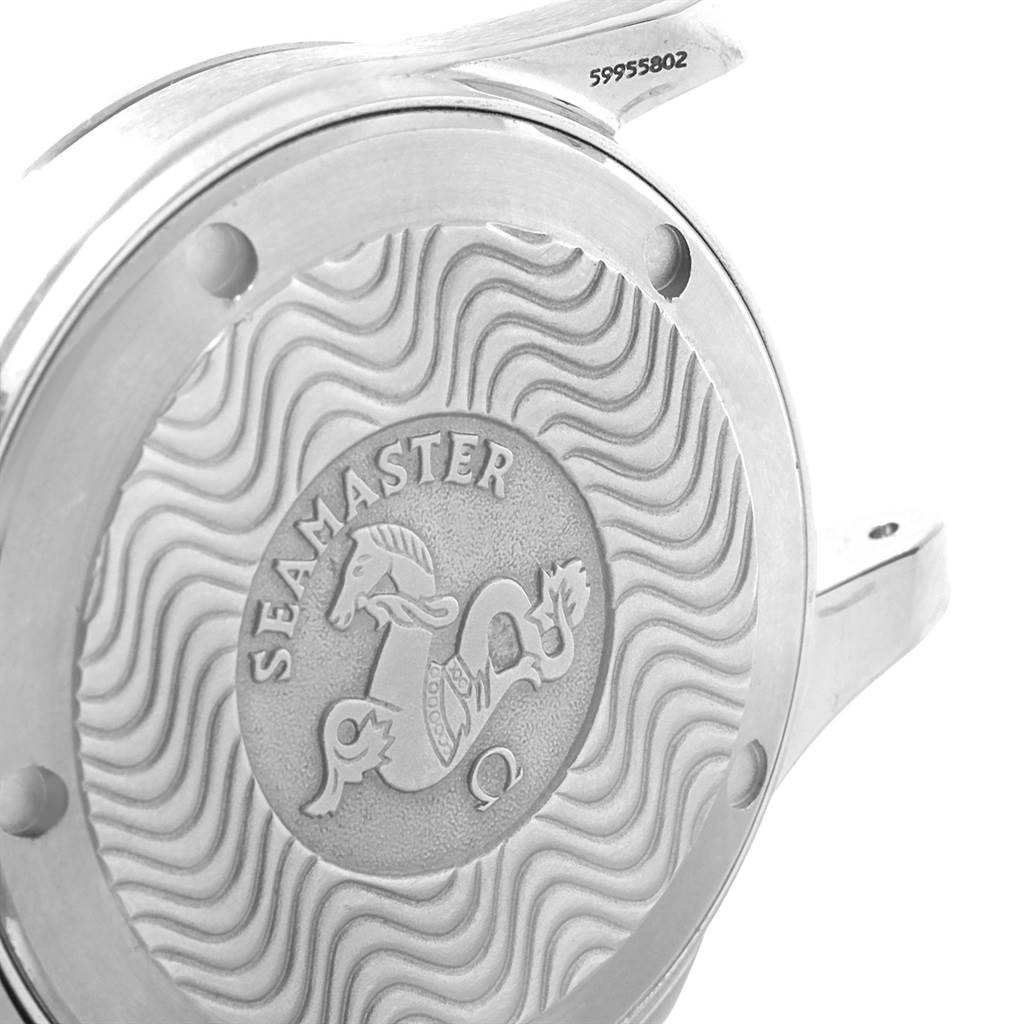 This image shows the engraved case back of an Omega Seamaster 2262.50.00 Men
s Stainless Steel Black Dial 2262.50.00 Men
s Stainless Steel Black Dial watch, highlighting its logo and wave pattern design.