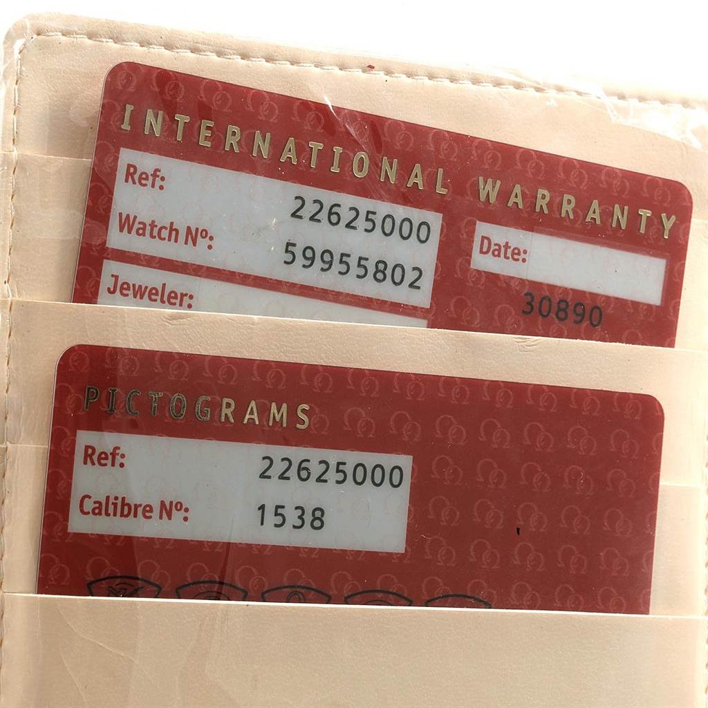 The image shows the warranty and pictogram cards for the Omega Seamaster 2262.50.00 Men
s Stainless Steel Black Dial 2262.50.00 Men
s Stainless Steel Black Dial watch model.