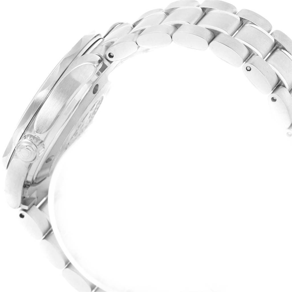 The image shows the side view of an Omega Seamaster 2262.50.00 Men
s Stainless Steel Black Dial 2262.50.00 Men
s Stainless Steel Black Dial watch, highlighting the metal wristband and crown.