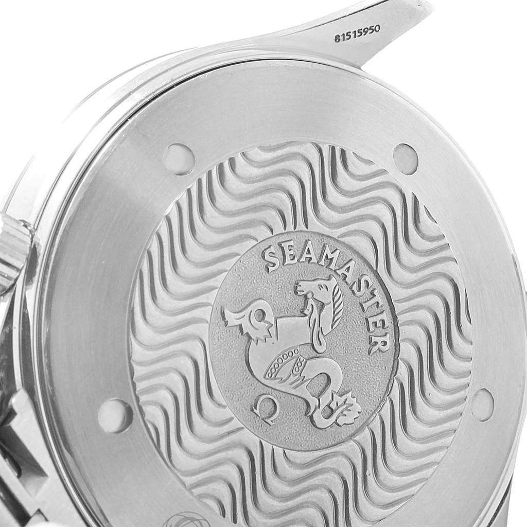 The image shows the case back of an Omega Seamaster 2254.50.00 Men
s Stainless Steel Black Dial 2254.50.00 Men
s Stainless Steel Black Dial watch, featuring the engraved Seamaster logo.