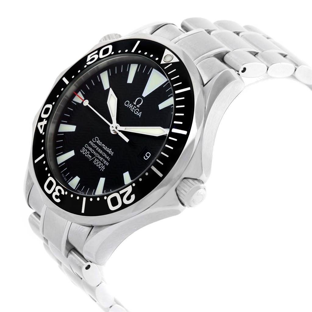 The image shows an angled view of the Omega Seamaster 2254.50.00 Men
s Stainless Steel Black Dial 2254.50.00 Men
s Stainless Steel Black Dial watch, highlighting the bezel, dial, and part of the bracelet.