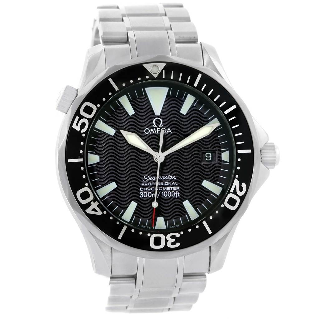 The Omega Seamaster 2254.50.00 Men
s Stainless Steel Black Dial 2254.50.00 Men
s Stainless Steel Black Dial watch is shown from a front angle, highlighting the dial, bezel, hands, and stainless steel bracelet.