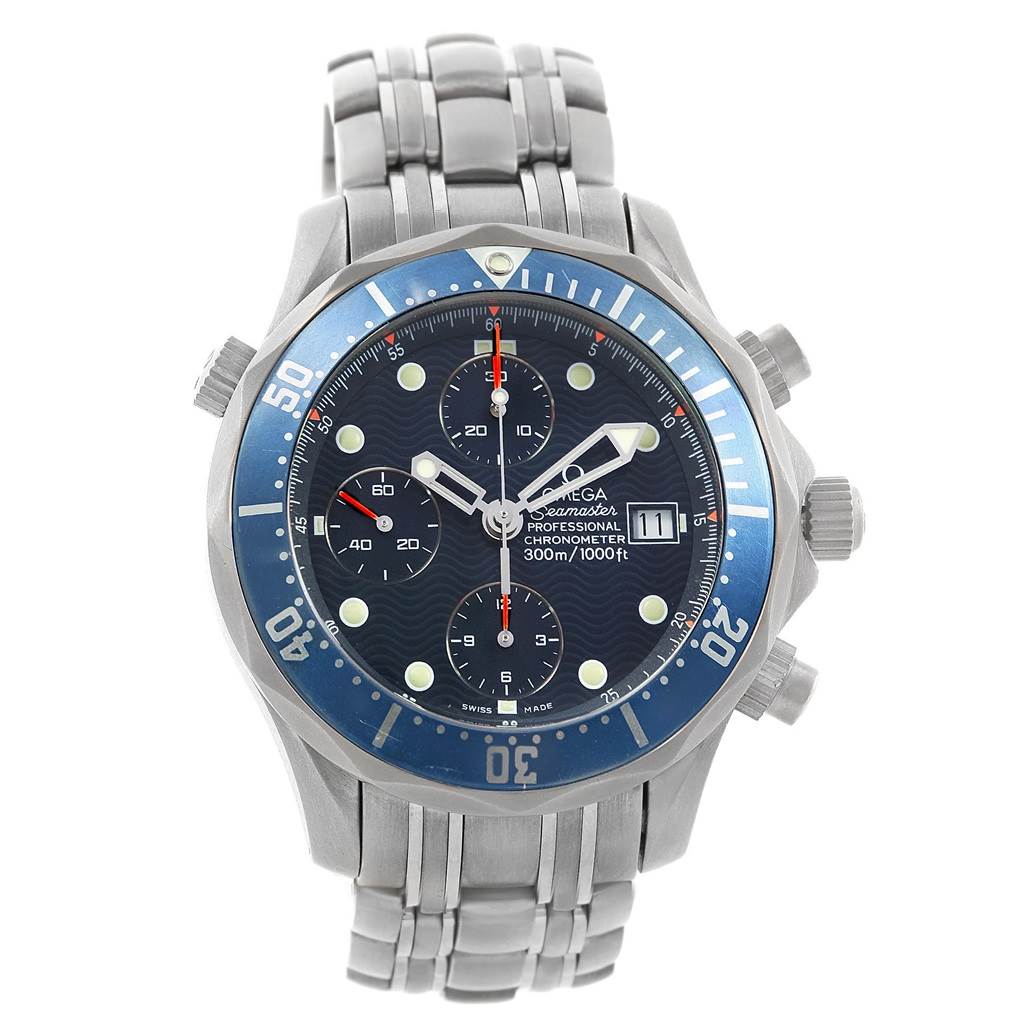 This image shows a front view of the Omega Seamaster 2298.80.00 Men
s Titanium Blue Dial 2298.80.00 Men
s Titanium Blue Dial watch, highlighting its face, bezel, and metal bracelet.