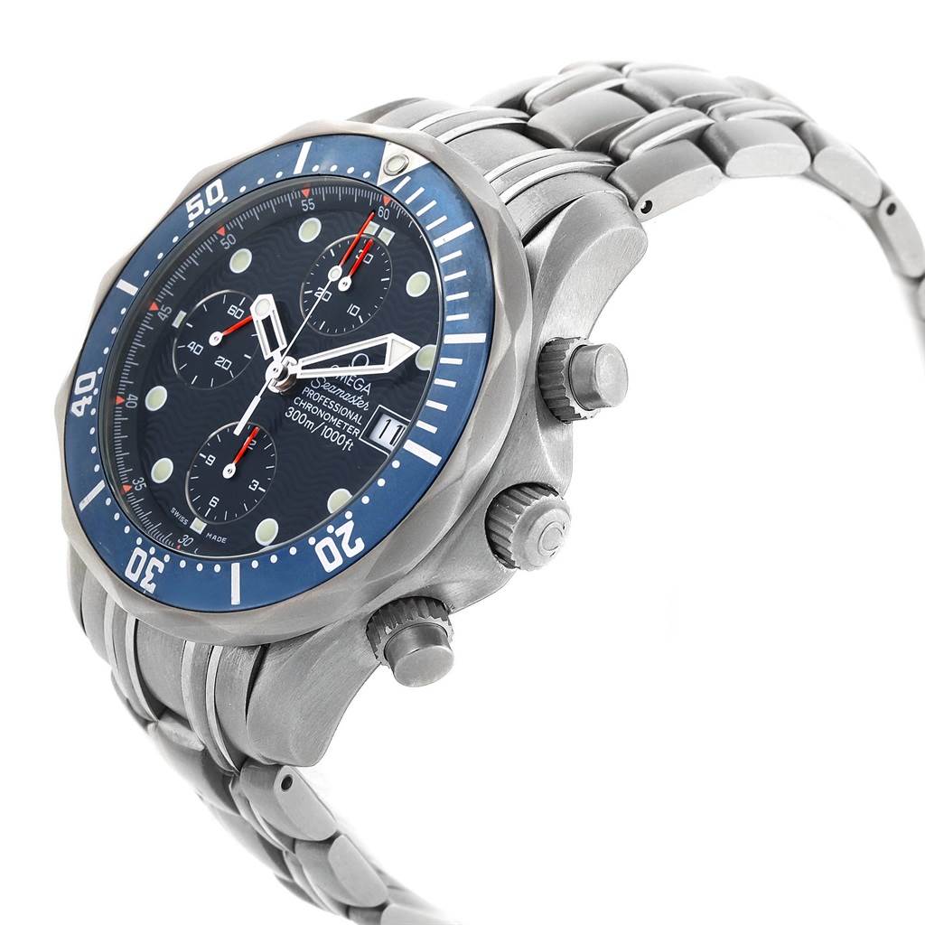 The Omega Seamaster 2298.80.00 Men
s Titanium Blue Dial 2298.80.00 Men
s Titanium Blue Dial watch is shown at a three-quarter angle, highlighting the face, bezel, crown, and chronograph pushers.