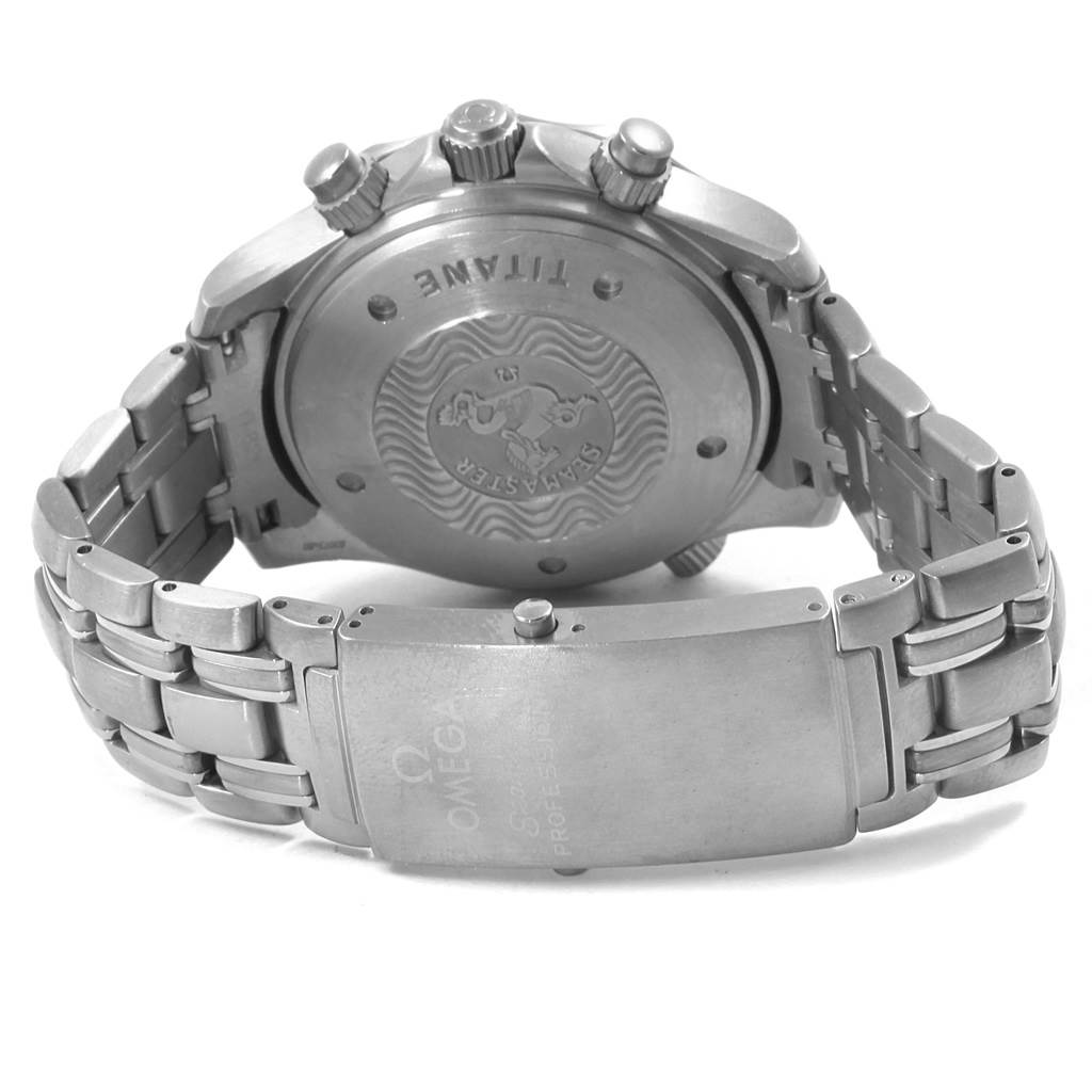 The image shows the back view of the Omega Seamaster 2298.80.00 Men
s Titanium Blue Dial 2298.80.00 Men
s Titanium Blue Dial watch, highlighting the case back, bracelet, and clasp.