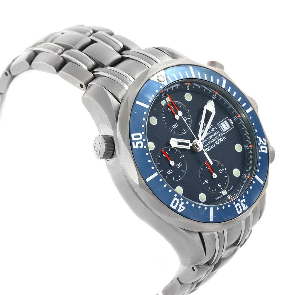 The Omega Seamaster 2298.80.00 Men
s Titanium Blue Dial 2298.80.00 Men
s Titanium Blue Dial watch is shown at an angled side view, highlighting the face, bezel, crown, and stainless steel bracelet.